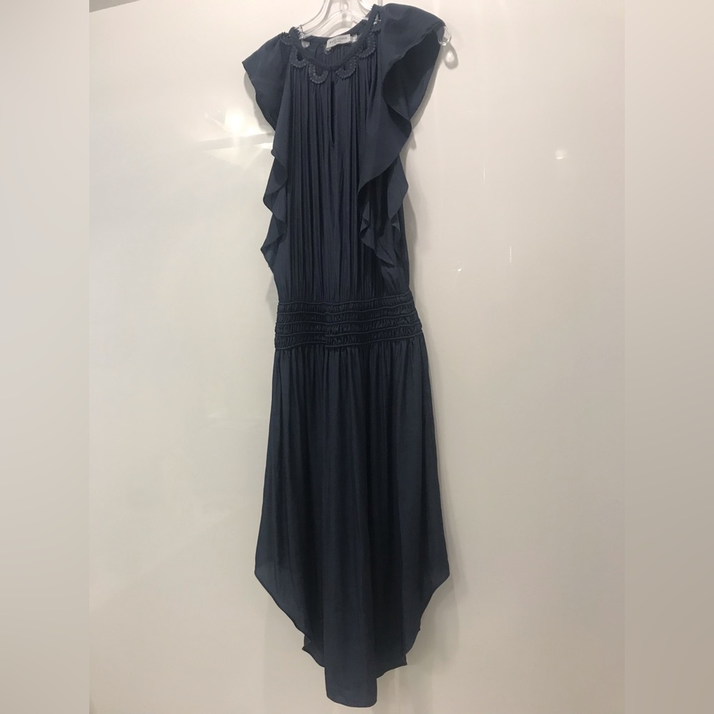 Ramy Brook Blue Midi Dress Medium Cap Flutter Sleeve Flowy Lace Detail